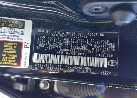 2014 Toyota Camry Hybrid Xle из США, поврежденный, VIN 4T1BD1FK7EU119915